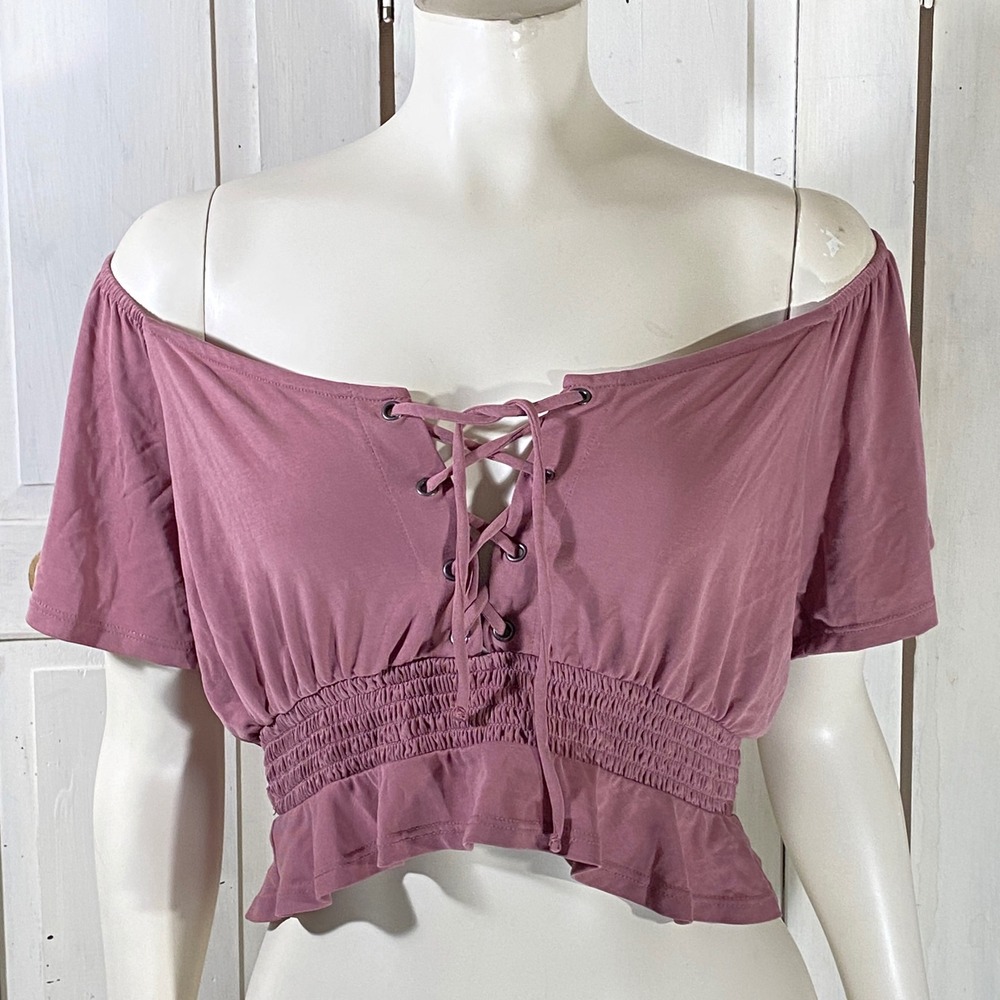 Aeropostale Off Shoulder Lace Up Crop Top Smocked Waist Sz Medium Mauve Princess